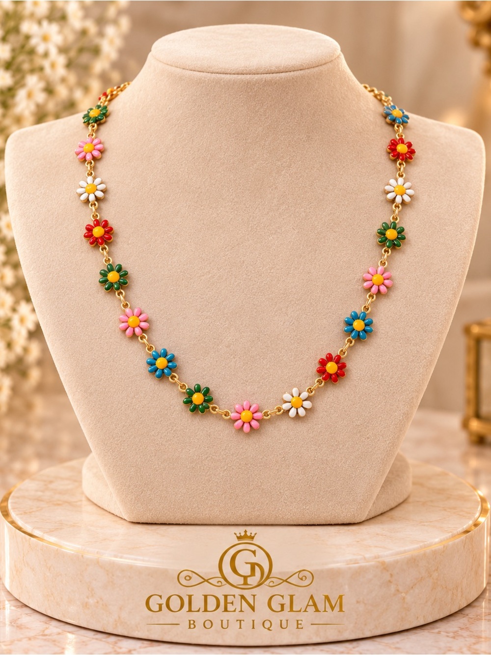Colorful Daisy Flower Gold-Tone Chain Necklace - Picture 1 of 6